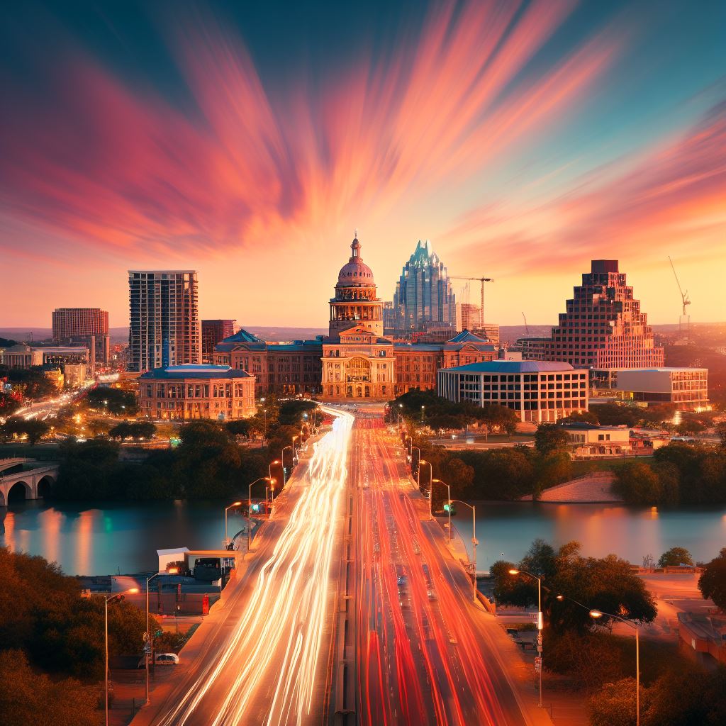 Austin skyline with streams of light representing business momentum